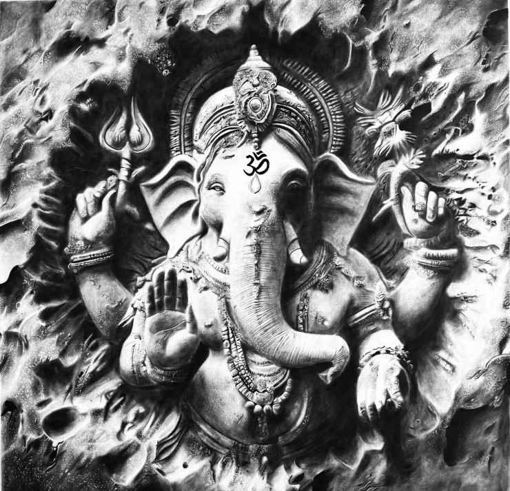 Lord Ganesha (ART-18095-119553) - Handpainted Art Painting - 21in X 21in