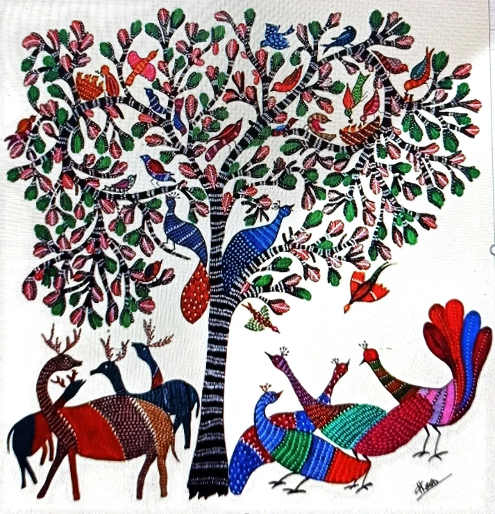 GOND ARTS MADE ON HANDMADE PAPAERS WITH ACRYLIC PAITS (ART-2050-119582) - Handpainted Art Painting - 17in X 17in