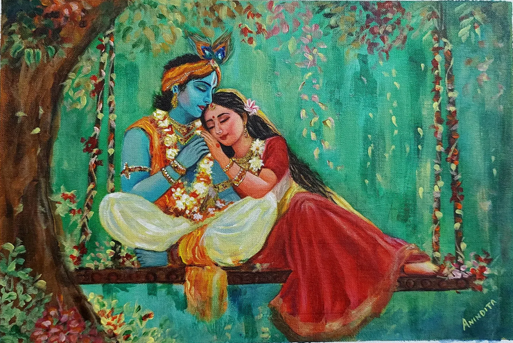 Radha-Krishna In Devine Embrace (ART-17974-119593) - Handpainted Art Painting - 20in X 16in