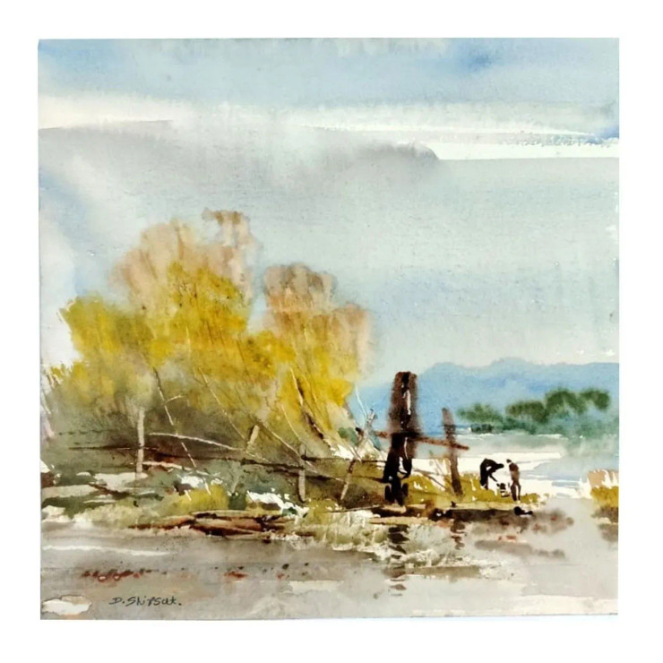 Man Working In The River (ART-8904-119545) - Handpainted Art Painting - 11in X 11in