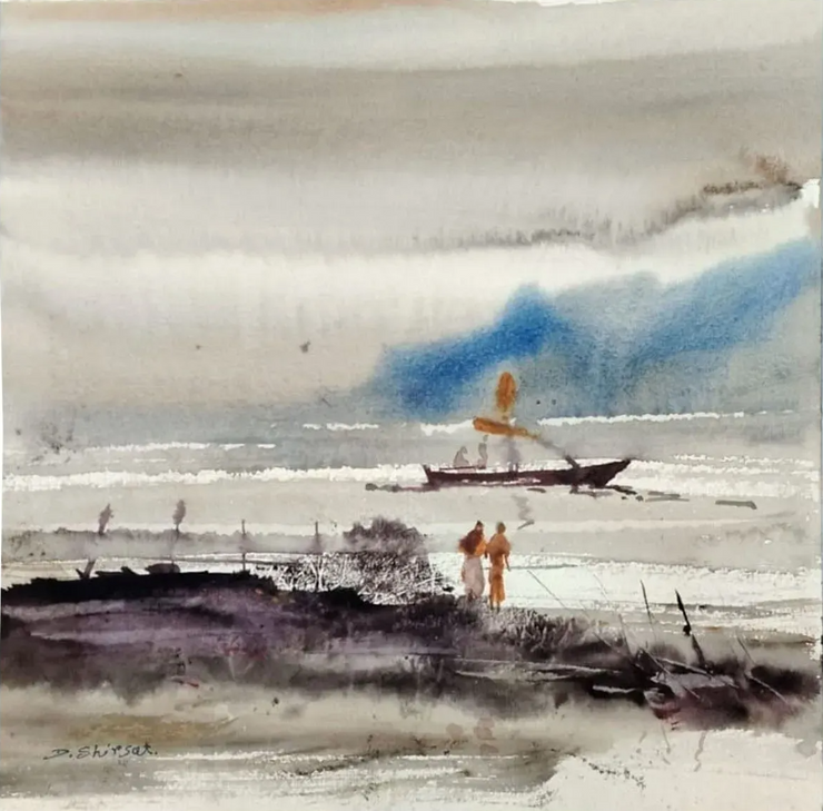 River Ship (ART-8904-119549) - Handpainted Art Painting - 11in X 11in