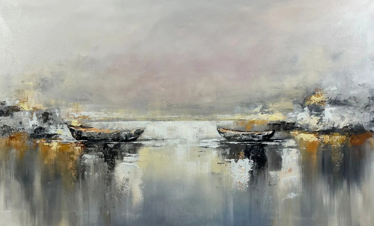 Minimalist Boat Landscape Painting | Original Handmade Contemporary Wall Art (ART-16885-119619) - Handpainted Art Painting - 60in X 36in