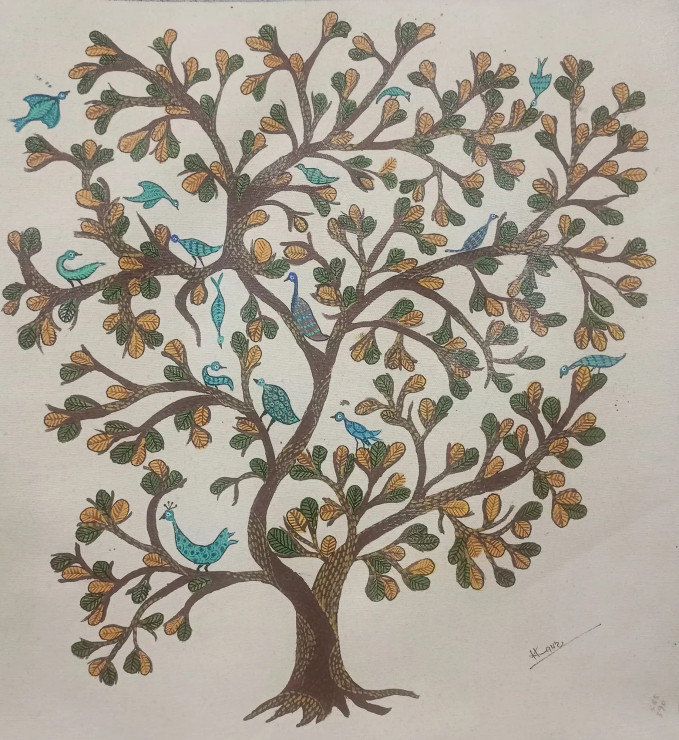 GOND ARTS ON CANVAS - BIRDS / TREE Using Acrylic Paint (ART-2050-119690) - Handpainted Art Painting - 15in X 17in