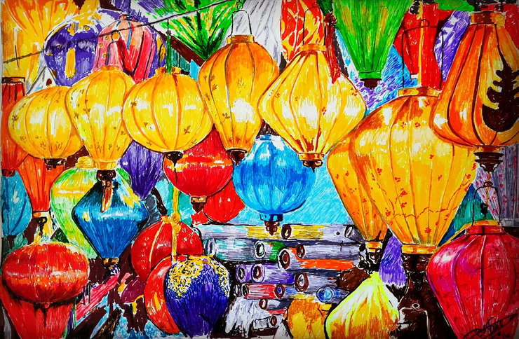 “Lantern Market Dreams” (ART-17959-119693) - Handpainted Art Painting - 16in X 11in
