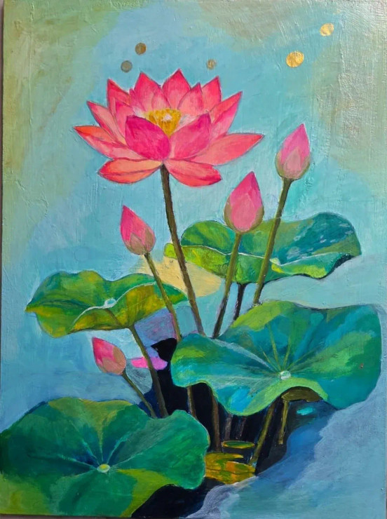 Serene Lotus In Pond (ART-17176-119640) - Handpainted Art Painting - 24in X 18in