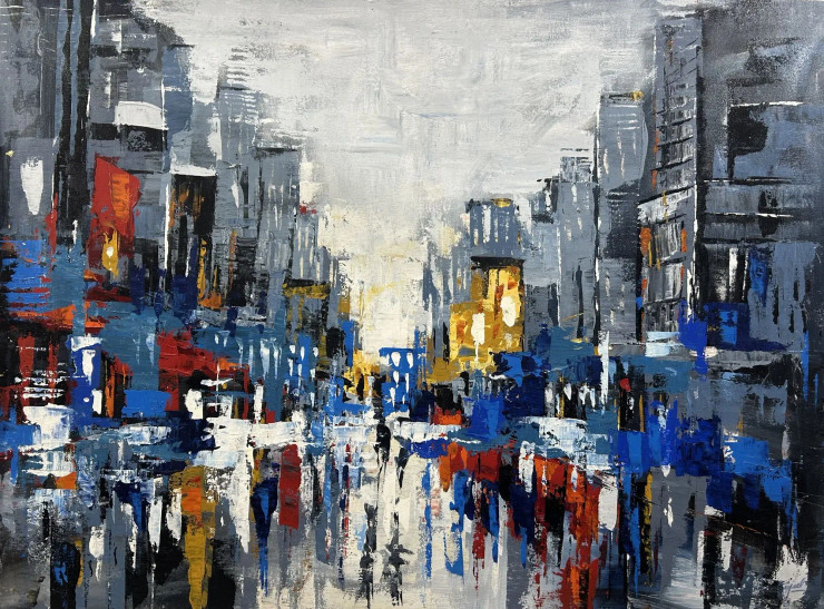 Abstract Modern Cityscape Painting | Original Handmade Urban Wall Art (ART-16885-119783) - Handpainted Art Painting - 48in X 36in