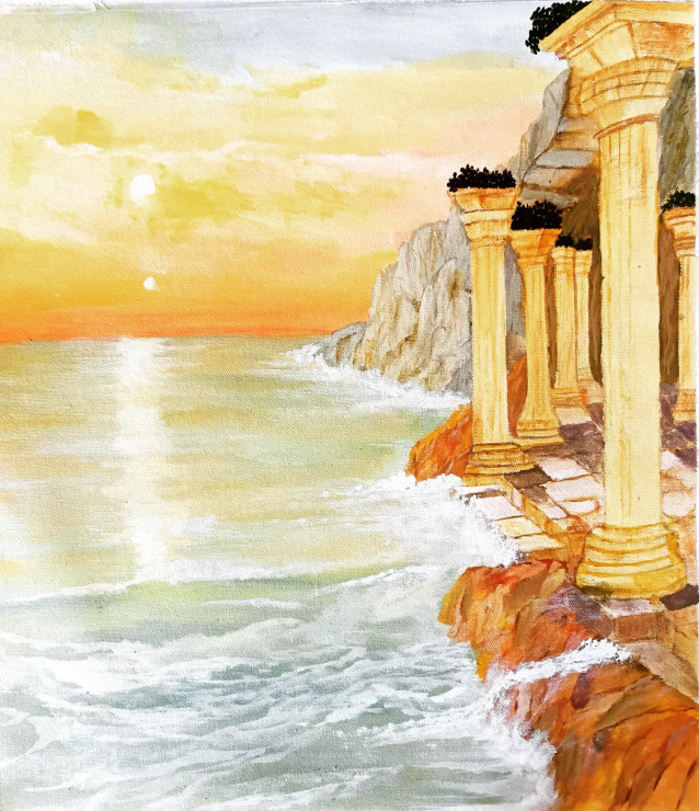 Sunset Whispers At The Ancient Shore (ART-8657-119802) - Handpainted Art Painting - 15in X 18in