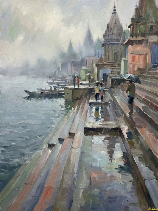 Monsoon Whispers Over Kashi (PRT-15697-119933) - Canvas Art Print - 45in X 60in
