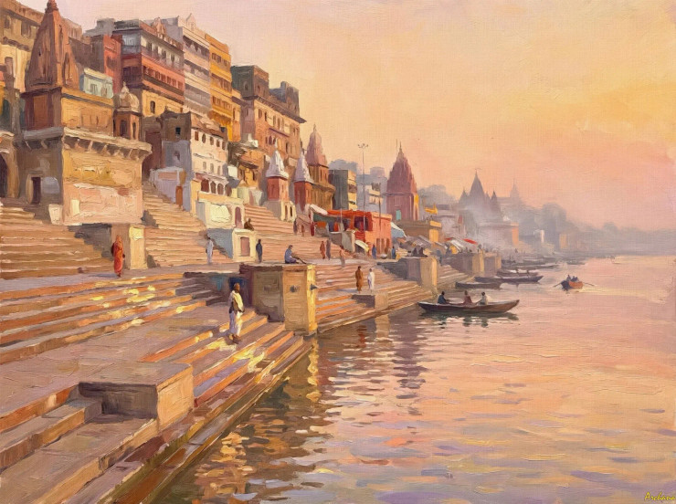 Sacred Dawn On Ganga (PRT-15697-119934) - Canvas Art Print - 60in X 45in