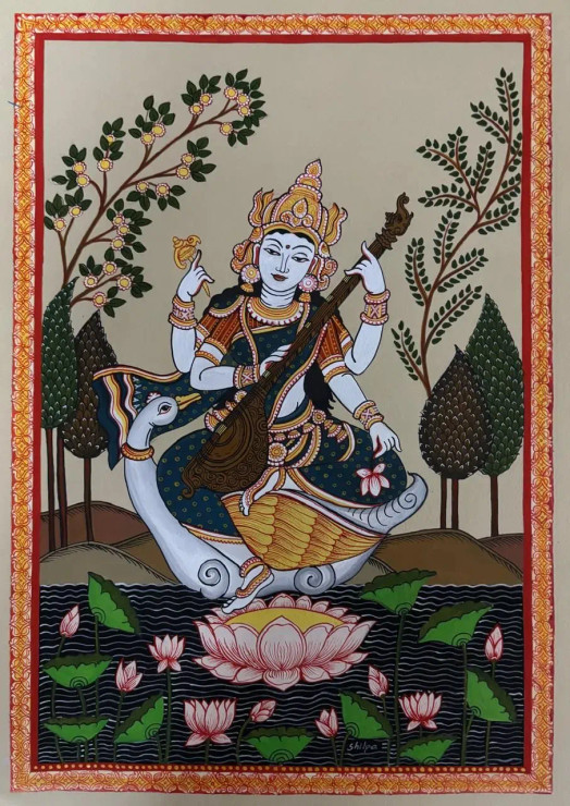 Saraswati- Pathachitra (ART-7396-119839) - Handpainted Art Painting - 13in X 18in