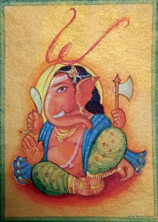 LORD GANESHA (ART-7407-119872) - Handpainted Art Painting - 12in X 15in
