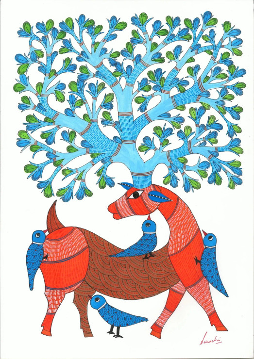 Deer With Birds (ART-283-119968) - Handpainted Art Painting - 11in X 16in