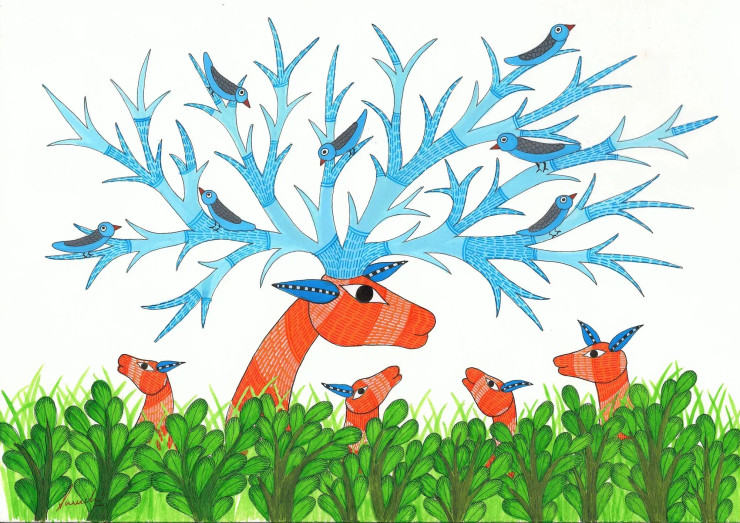 Camouflaged Deer (ART-283-119966) - Handpainted Art Painting - 16in X 11in