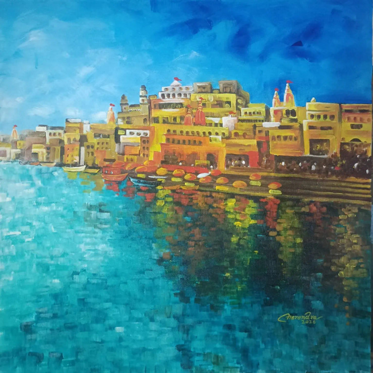 Reflections Of Banaras (ART-3674-119784) - Handpainted Art Painting - 24in X 24in