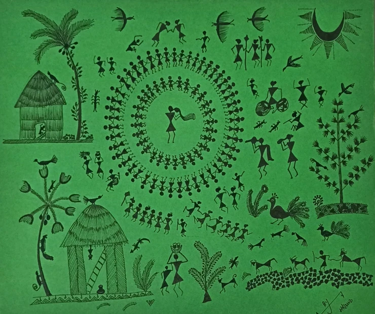ANCIENT WARLI ARTS ON HANDMADE PAPER USING ACRYLIC PAINT (ART-2050-120038) - Handpainted Art Painting - 11in X 8in