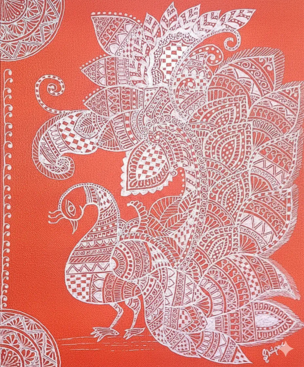 “Crimson Prosperity – Mandala Peacock” (PRT-18077-120010) - Canvas Art Print - 20in X 24in