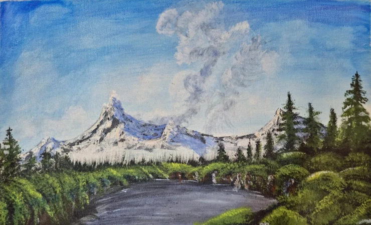 Lakeside Landscape Mountain Painting (ART-6189-120052) - Handpainted Art Painting - 18in X 11in