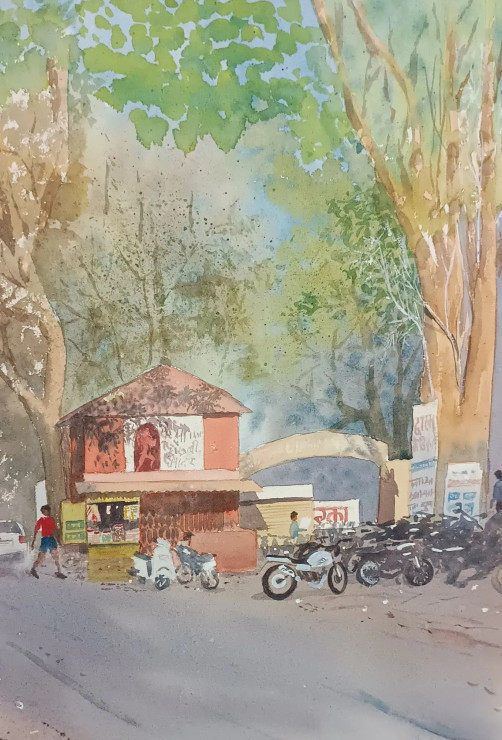 The Temple On Road (ART-7362-120074) - Handpainted Art Painting - 12in X 18in