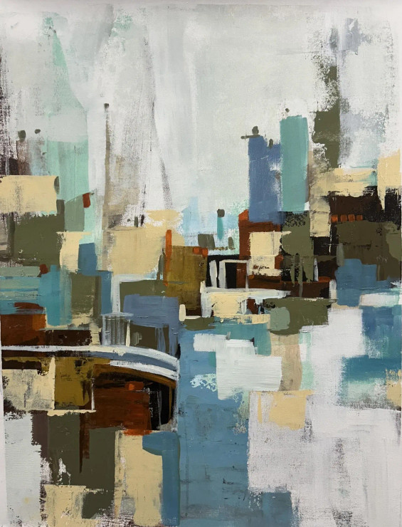 Abstract Cityscape Painting | Original Handmade Contemporary Urban Wall Art (ART-16885-120081) - Handpainted Art Painting - 36in X 48in