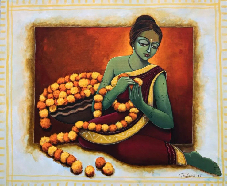 Garland Of Silence (ART-18220-120103) - Handpainted Art Painting - 36in X 30in