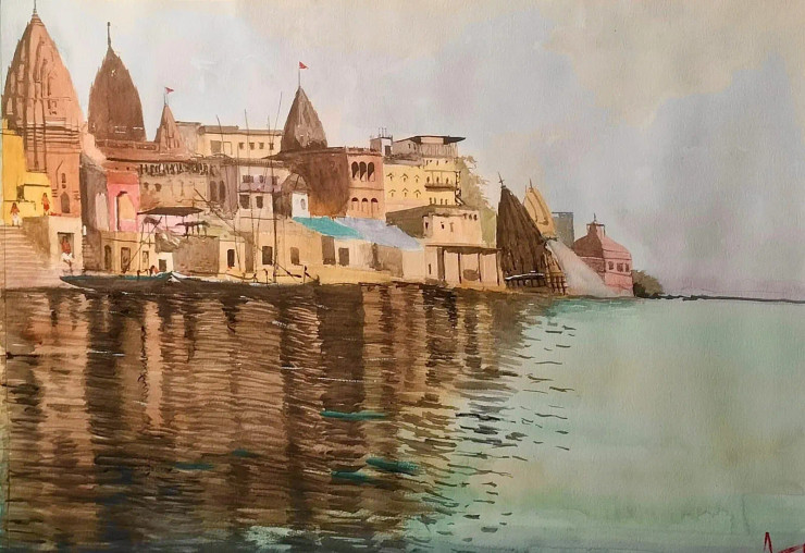 Reflections Of Varanasi Ghats (ART-5950-120166) - Handpainted Art Painting - 28in X 20in