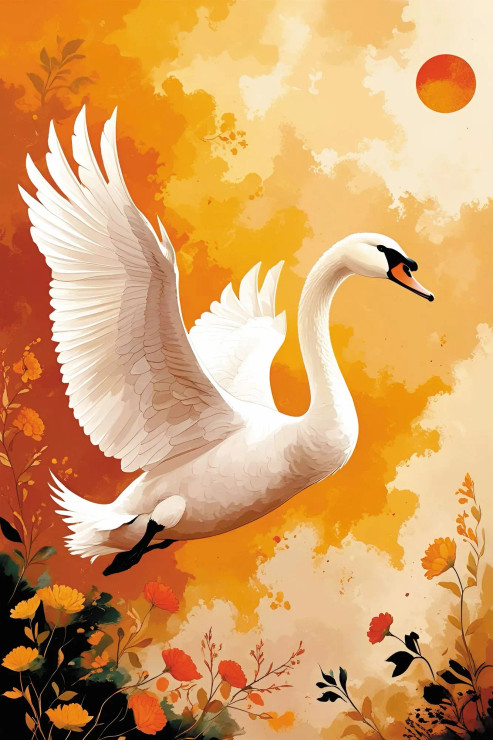 Ember Flight – Graceful Swan Wall Art Print, Golden Sunset Floral Canvas (PRT-16330-120244) - Canvas Art Print - 24in X 36in