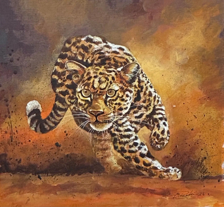 Shadow Of The Savannah: The Pouncing Leopard (ART-18220-120376) - Handpainted Art Painting - 14in X 13in