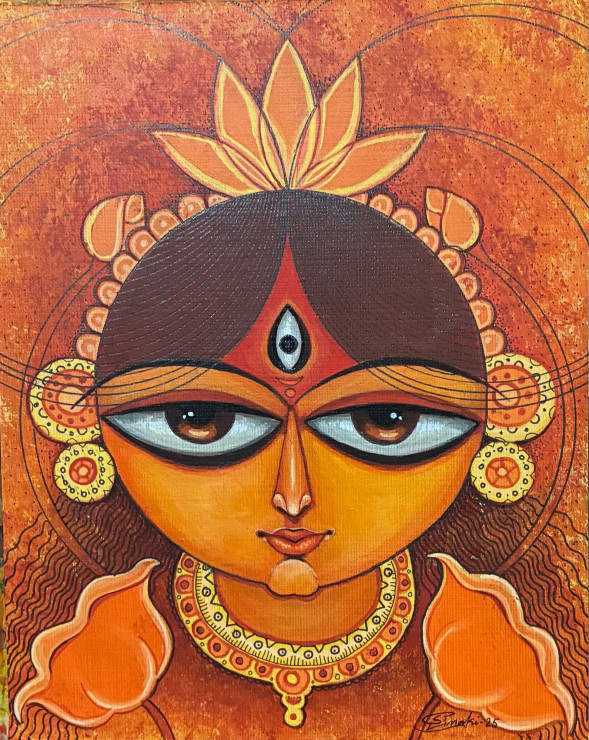 Durga: The Radiant Third Eye (ART-18220-120374) - Handpainted Art Painting - 9in X 11in