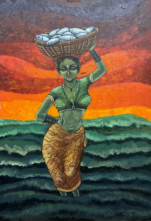 Saffron Tide Fisherwoman (ART-18220-120372) - Handpainted Art Painting - 11in X 16in