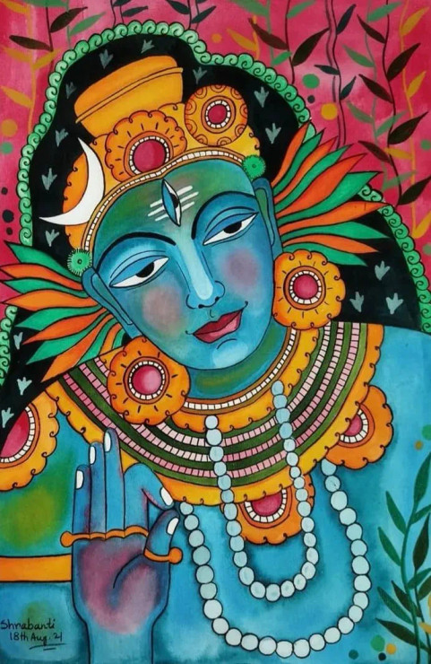 Kerala Mural Lord Shiva (ART-5791-120381) - Handpainted Art Painting - 15in X 22in