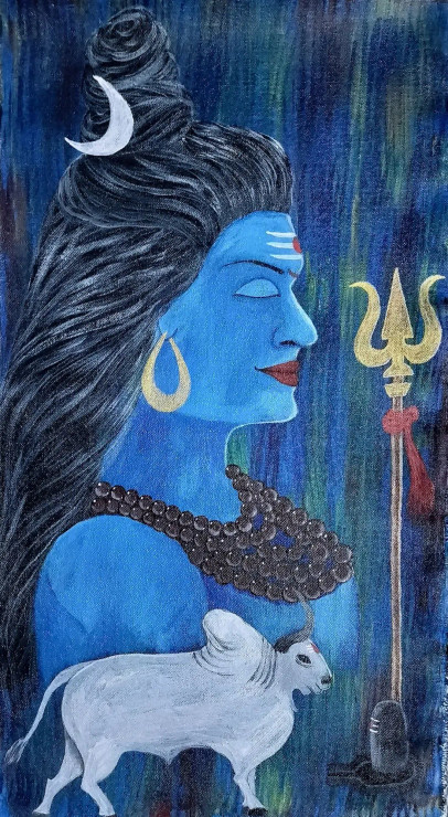Shivji Nad Nandi Ji (ART-17697-120386) - Handpainted Art Painting - 13in X 23in