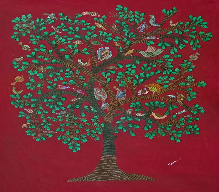 ANCIENT GOND ARTS ON HANDMADE PAPER (ART-2050-120401) - Handpainted Art Painting - 21in X 27in