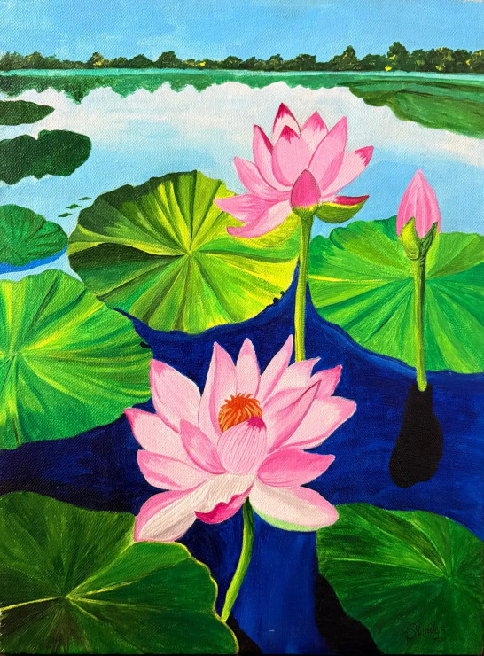 Lotus Pond (ART-18084-120178) - Handpainted Art Painting - 12in X 16in