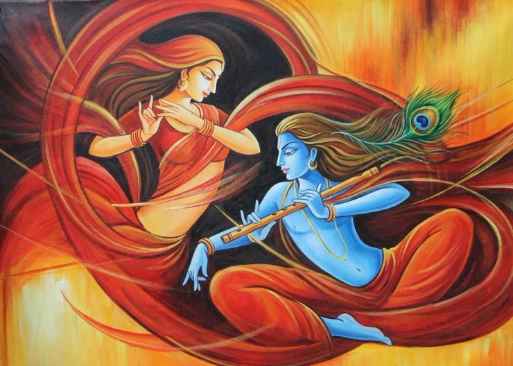 Dancing Radha Krishna (ART-3319-120418) - Handpainted Art Painting - 36in X 24in
