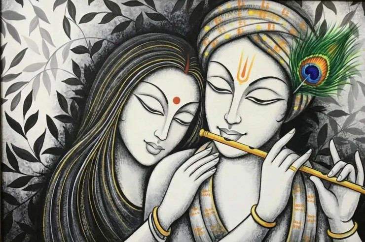 The Divine Radha Krishna (ART-3319-120417) - Handpainted Art Painting - 36in X 24in