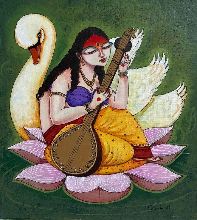 Saraswati: The Swan’s Serenade (ART-18220-120414) - Handpainted Art Painting - 15in X 16in