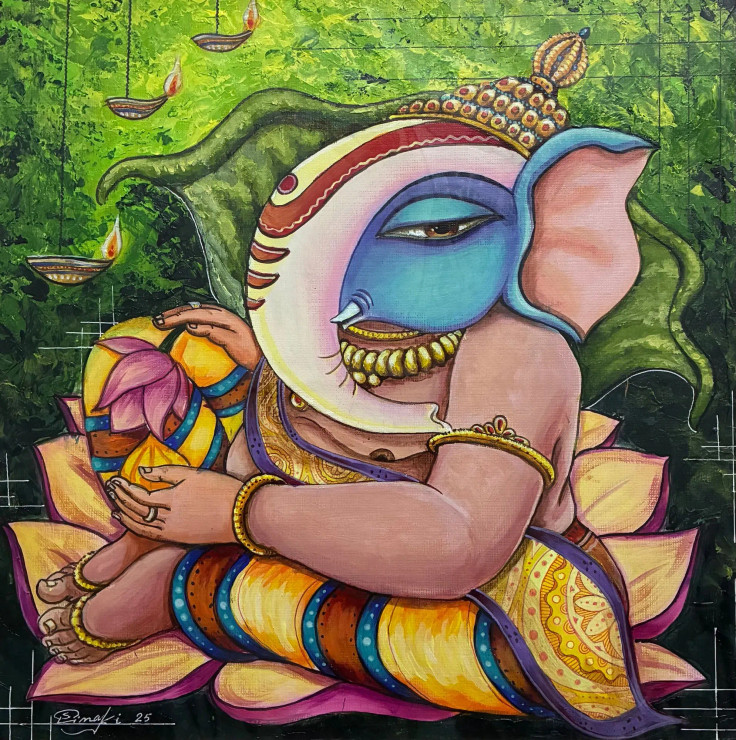 Ganesha: The Lotus Throne Of Wisdom (ART-18220-120413) - Handpainted Art Painting - 13in X 13in