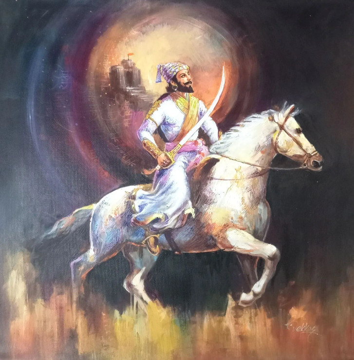 Shivaji Maharaj (ART-1038-120430) - Handpainted Art Painting - 20in X 20in