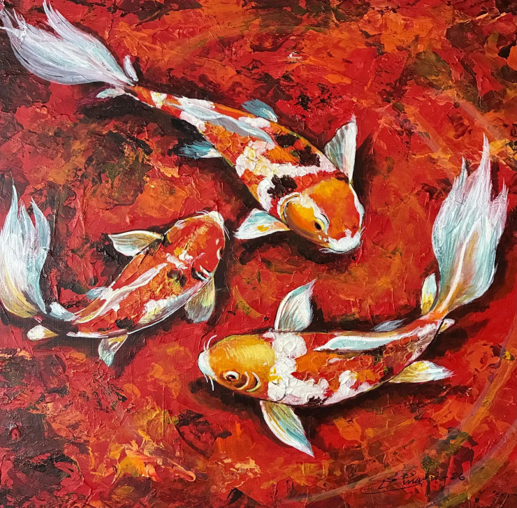 Sanguine Currents: The Koi Dance (ART-18220-120423) - Handpainted Art Painting - 12in X 12in