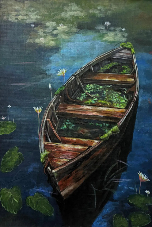 The Sunken Lotus Skiff (ART-18220-120429) - Handpainted Art Painting - 8in X 12in