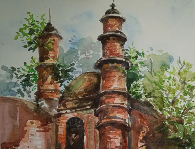 Whispers Of The Past: An Architectural Watercolor (ART-17209-120206) - Handpainted Art Painting - 14in X 11in