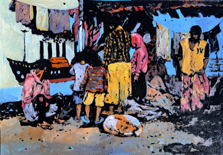 Slum Area (ART-18009-120498) - Handpainted Art Painting - 14in X 11in