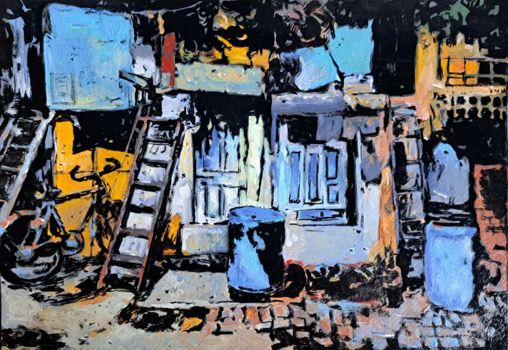 Slum Area (ART-18009-120497) - Handpainted Art Painting - 14in X 11in