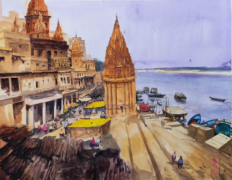 Banaras Ghat (ART-7901-120537) - Handpainted Art Painting - 28in X 22in