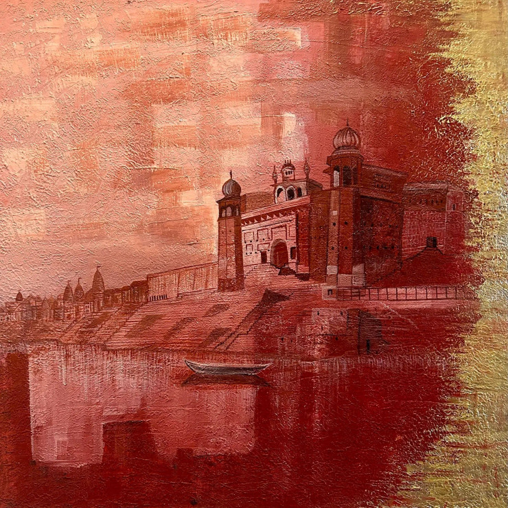 Crimson Varanasi Ghats (ART-17575-120543) - Handpainted Art Painting - 24in X 24in