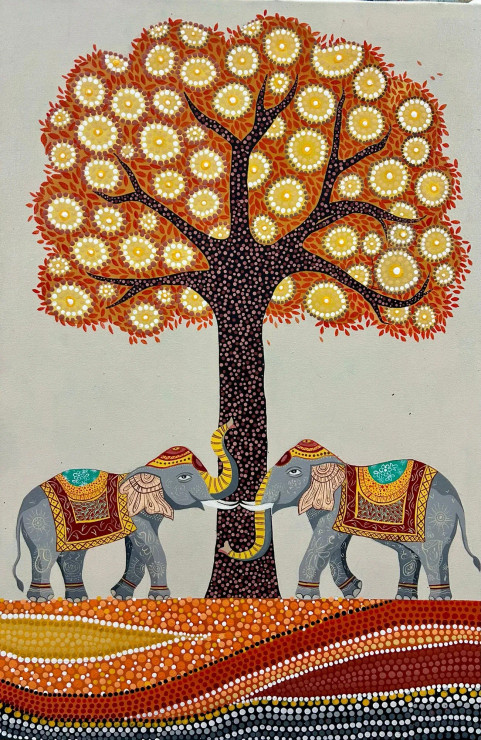 Elephant Tree Painting | Original Handmade Indian Traditional Wall Art (ART-16885-120567) - Handpainted Art Painting - 24in X 36in