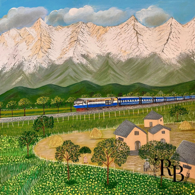 Train In Valley (ART-17575-120588) - Handpainted Art Painting - 24in X 24in