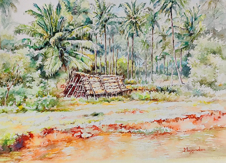 Coconut Trees In Natural (ART-7260-120633) - Handpainted Art Painting - 14in X 9in