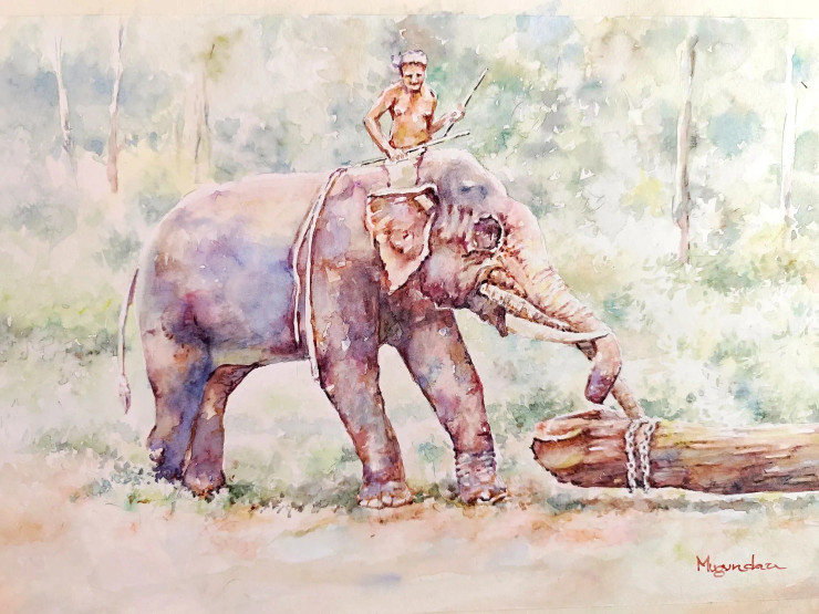 Working Elephant (ART-7260-120629) - Handpainted Art Painting - 15in X 10in