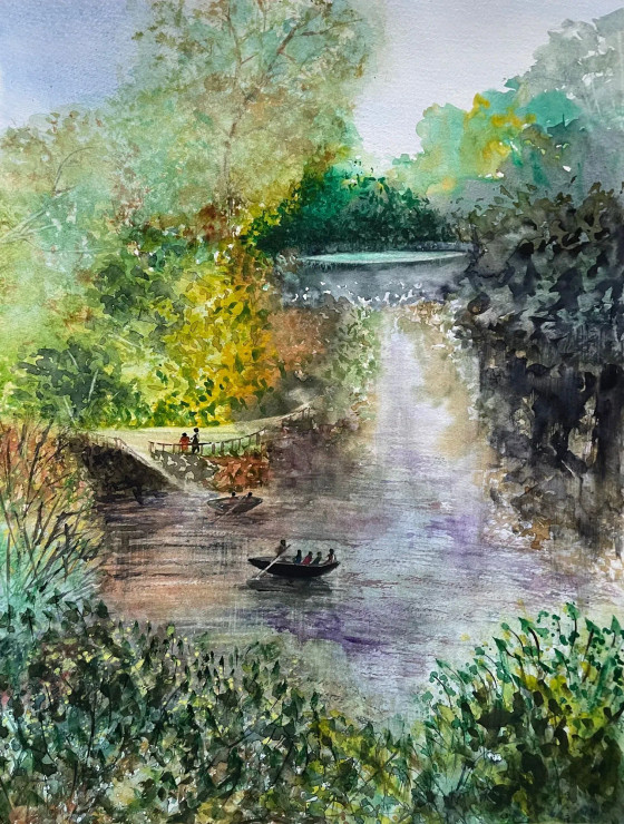 Boat Ride In A Lake (ART-8841-120681) - Handpainted Art Painting - 11in X 15in
